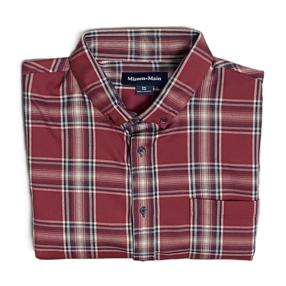 Mizzen+Main Men's XXL Trim Fit City Flannel Twill Shirt Burgundy Plaid NWOT